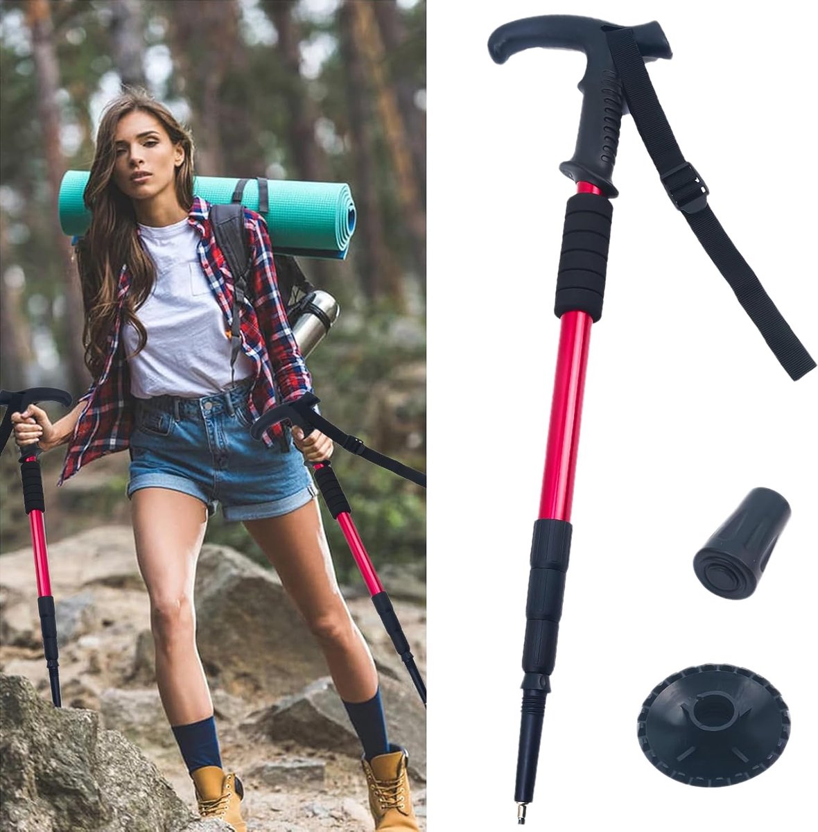 VHV - Wandelstokken - Wandelstokken verstelbaar - Telescopische aluminium wandelstokken - Geschikt voor buitenactiviteiten - Bergwandelen en andere sporten - Rood