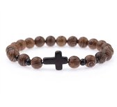 Houten kralen armband voor heren en dames met zwart kruis – elastisch – bruin en zwart – unisex sieradenaccessoire