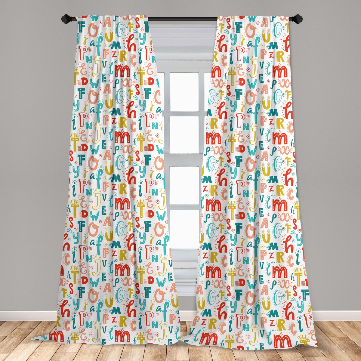 ABAKUHAUS Lettergordijnen, Kleurrijke Alfabetletters, Raamdecoratie voor Woonkamer en Slaapkamer, 2 stuks 75 cm B x 245 cm H, Meerkleurig