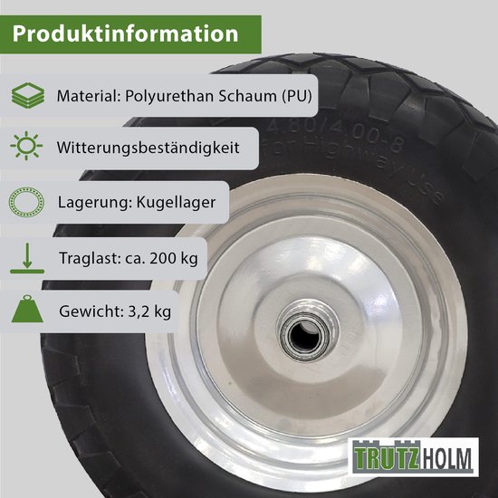 2x kruiwagenwiel lekvrij massief rubber 4.80/4.00-8 grijs/zwart + as Reservewiel Banden PU van Merkloos	 — afbeelding 5