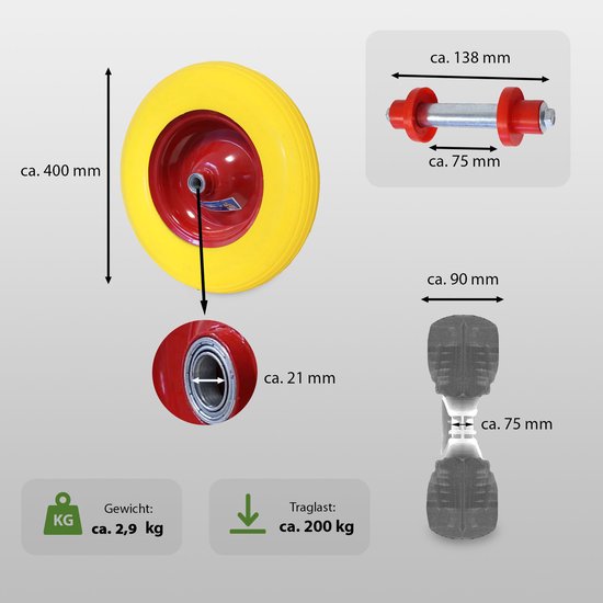 Kruiwagenwiel Massief rubber 4.00-8 / 4.80 met as 200 kg Reservewiel Kruiwagen PU — afbeelding 2