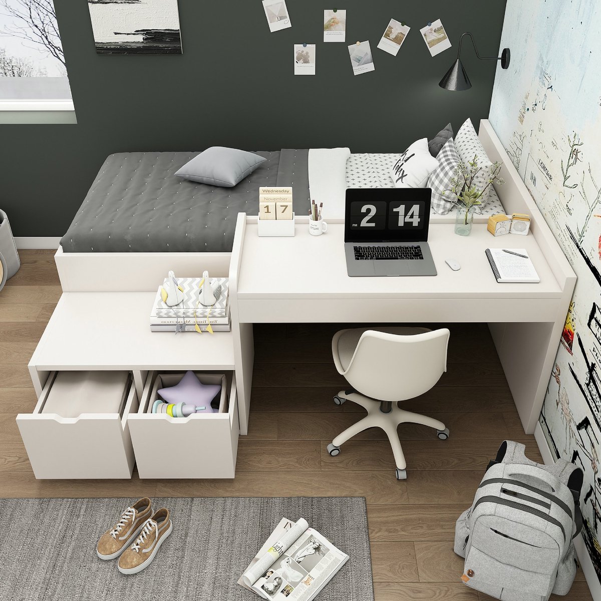 VVBV Kinderbed 90x200 / Kinderbed met bureau / Kinderbed met lade – met Lades, Opbergruimte, Lattenbodem, Glijbaan – Voor Meisjes – Voor Jongens – Wit