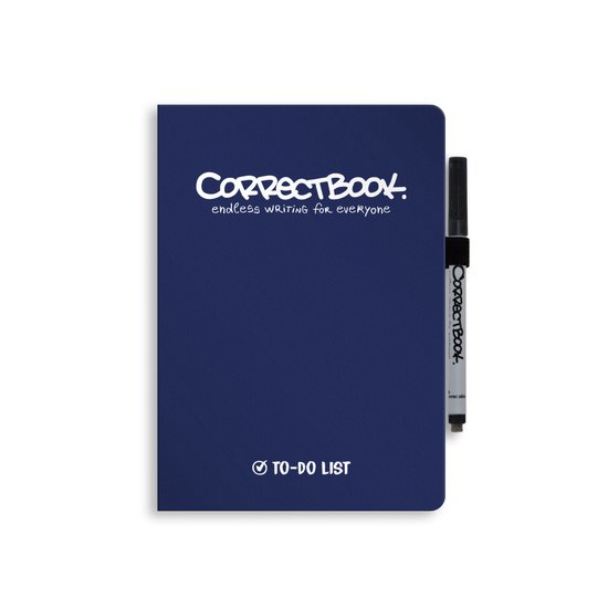 Donkerblauw Correctbook notitieboek met "CORRECTBOOK - endless writing for everyone" op de voorkant. Onderaan staat "TO-DO LIST" met een vinkje.