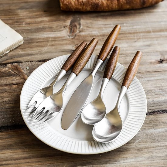 Bestekset Houten Handvat - Roestvrij Staal - Picknick Kamperen - Set van 5 - 500 Gram - Zilver — afbeelding 5