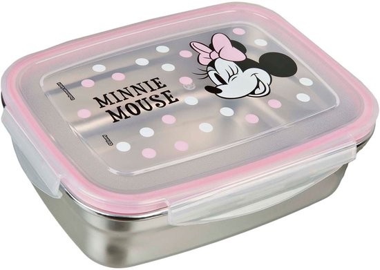 Boîte à pain en métal avec couvercle rose à pois, ornée d'une image de Minnie Mouse.