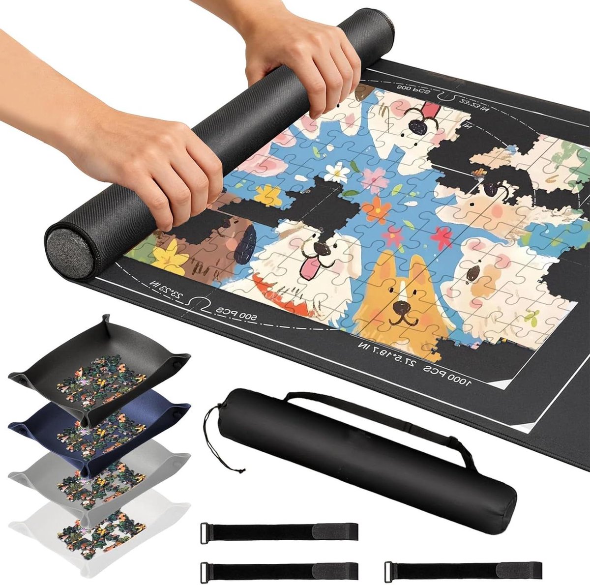 Puzzelmat - Puzzelkleed - Puzzels Opbergen - Met Sorteerbakjes - 116 x 66 cm - Grijs