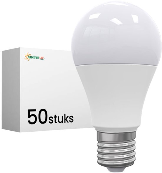 Witte Spectrum LED-lamp met bijbehorende verpakkingsdoos waarop '50 stuks' staat.