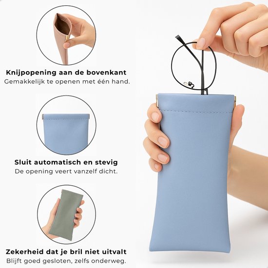 Drie illustraties tonen hoe een hemelsblauwe brillenkoker opent en sluit, met een bril erin.