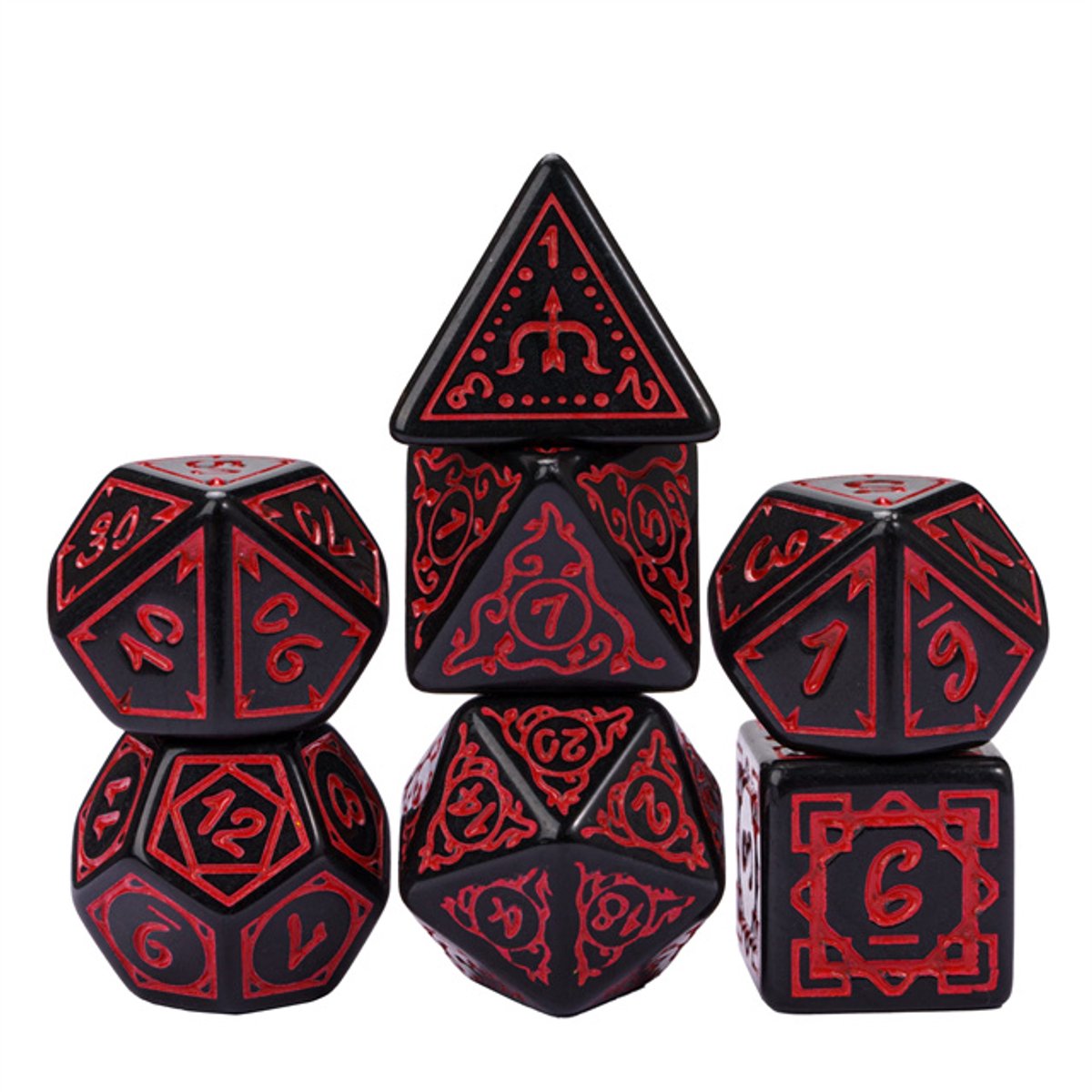 HOT Games dobbelstenen set druide zwart rood 7-delig kunststof.