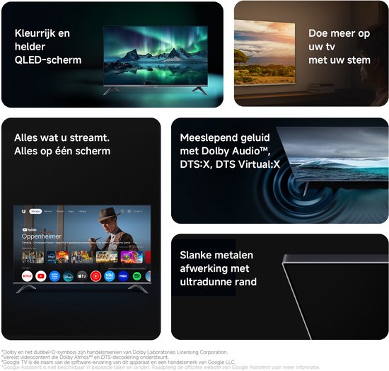 Collage met tv-schermen die noorderlicht, een zonsondergang en een filminterface tonen. Ook een close-up van een tv-rand.