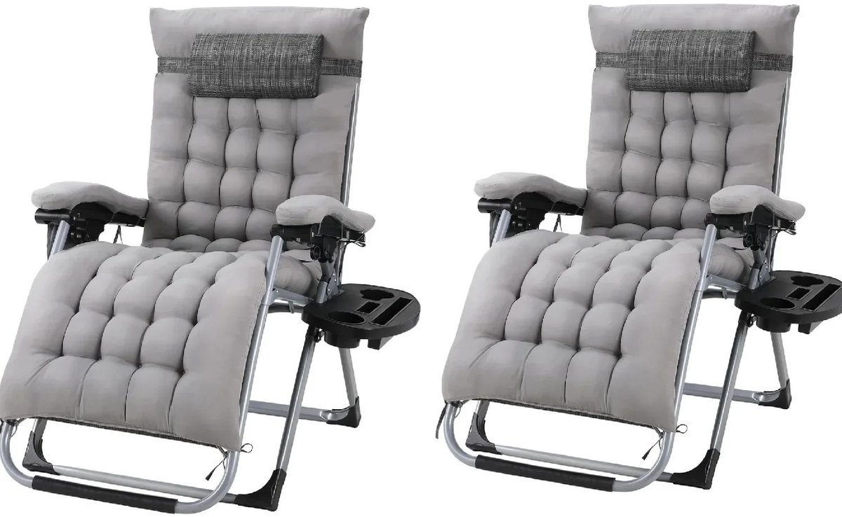 Archi Ligstoel set – Loungestoelen - Met katoenen kussen & bekerhouder - Opvouwbaar – Inklapbare tuinstoelen – Grijs – Set van 2