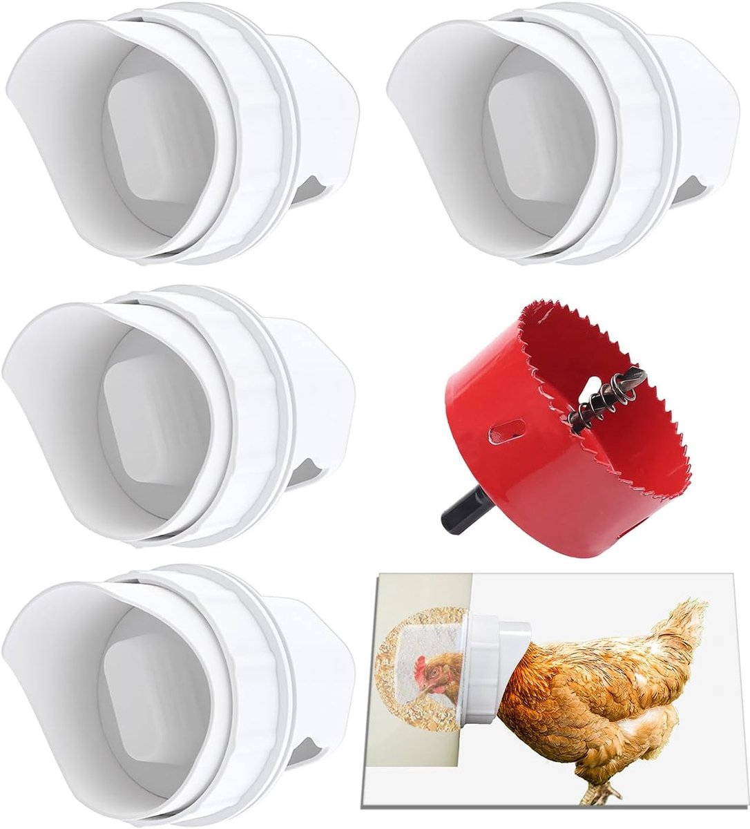 OLOEY DIY Regenbestendige Kippenvoerbak-Voerpoort-set met zwaartekrachttoevoer voor emmers-vaten en troggen(4 poorten-inclusief gatenzaag)