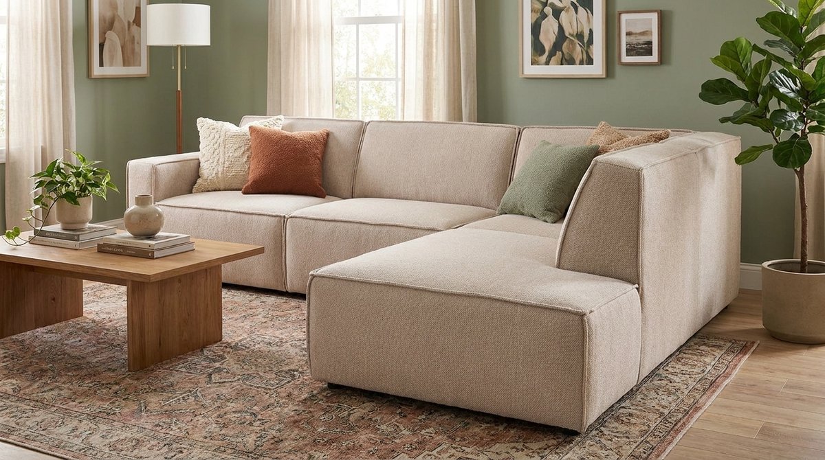 Hoekbank House&Garden Kay Luxe Design Links – 4-Zits Hoekbank Royal Bouclé Naturel – Moderne Scandinavische Lounge Bank met Armleuningen – Ruime Familiebank 283x218x80 cm – Zwart Onderstel