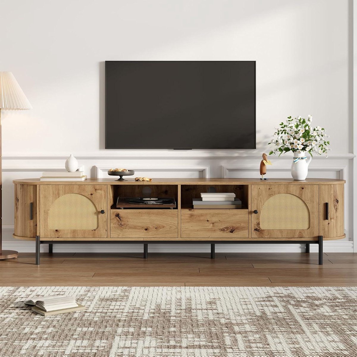 TV-kast - TV-meubel dressoir - Media opslag - Rotan fronten - 200 cm breed - Natuurlijk