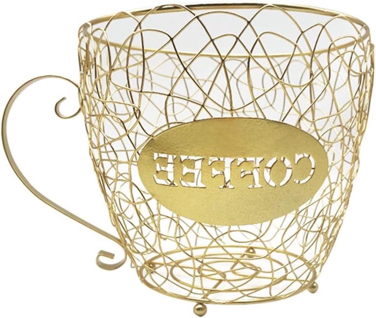 Koffiecapsule Opbergmand - Koffie Pad Houder - Koffie Bewaren - Uniek Koffiekop Ontwerp - Ruimte voor 60 Capsules - Goudkleurig