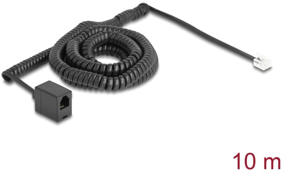 Delock Telephone Cable / Coiled Cable RJ11 plug to RJ11 jack black 10 m