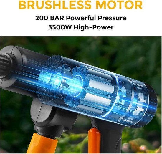 Hogedrukreiniger - Waterpistool - Auto Wassen - Borstelloze Motor - 200 Bar - Zwart Geel — afbeelding 4