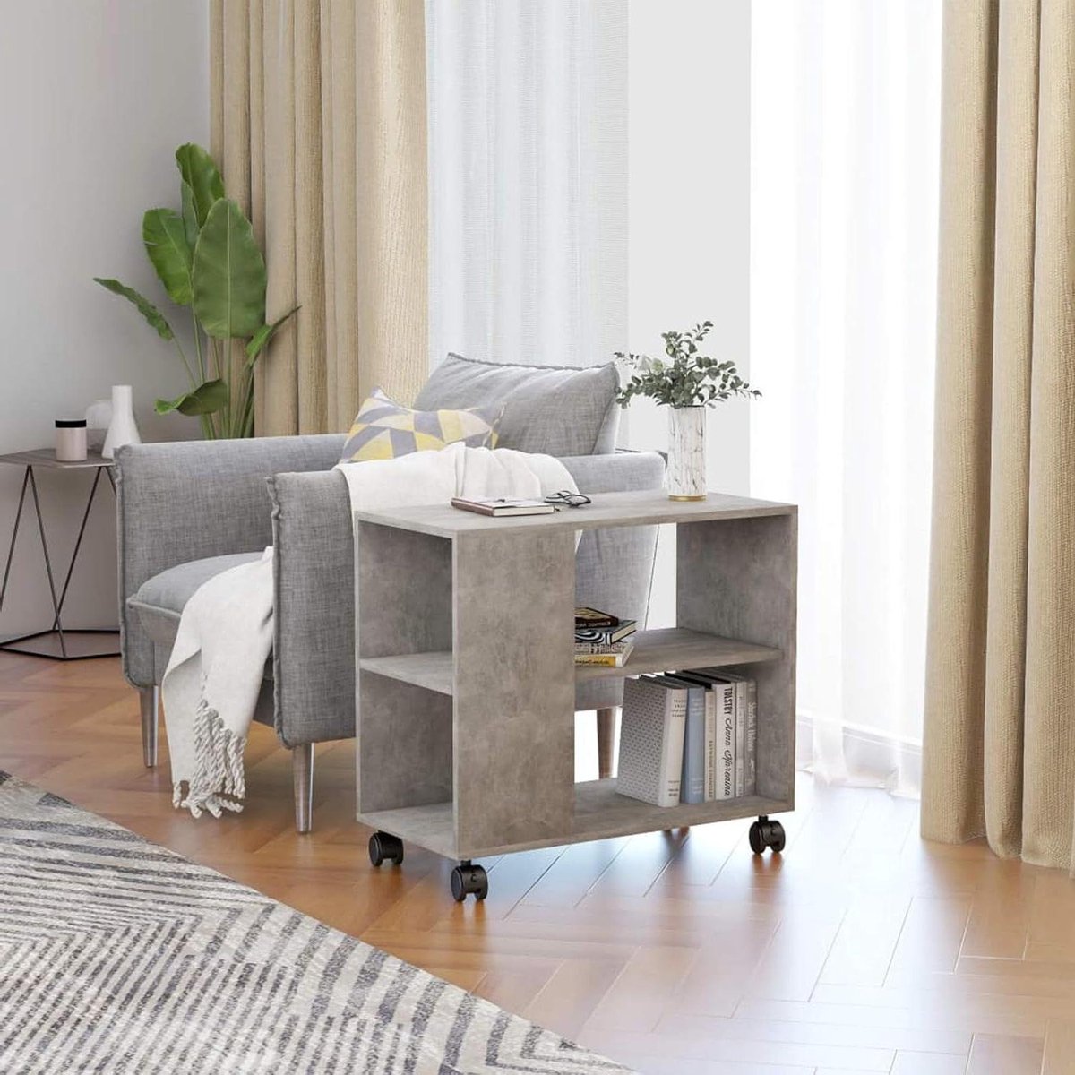 Bijzettafel - Salontafel bijzettafel - Woonkamer opruimen - Met verplaatsbare wielen - 70 x 35 x 55 cm - Betongrijs