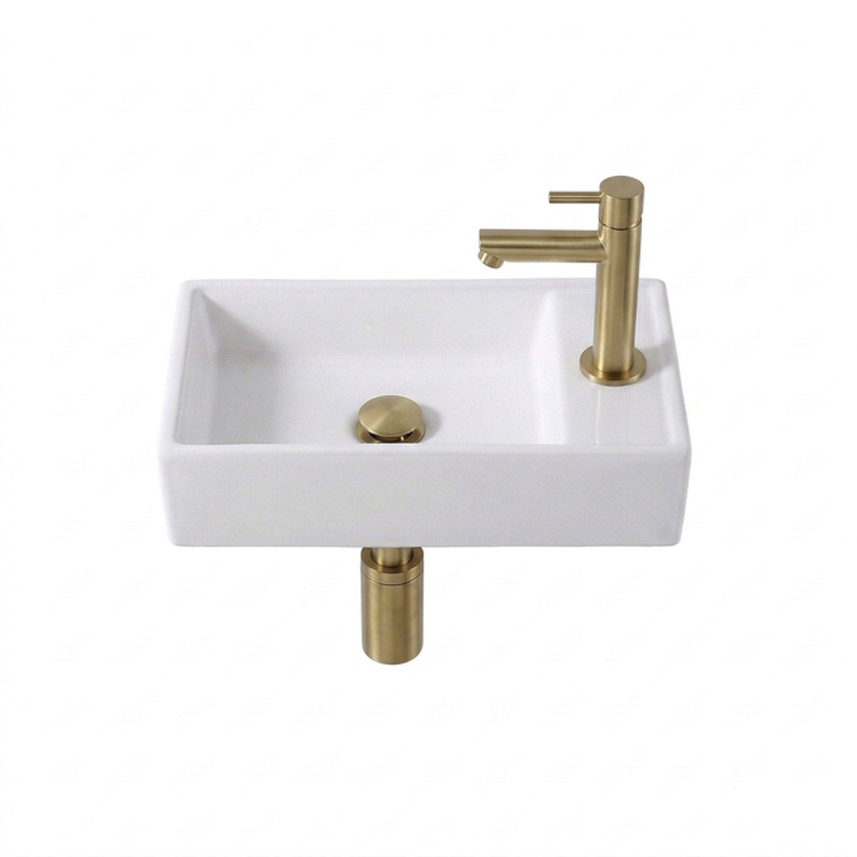 Adema Fuente Fonteinset - 41x22x10cm - keramiek - kraangat rechts - fontreinkraan geborsteld messing PVD (goud) - afvoerplug - verlaagd sifon - glans wit