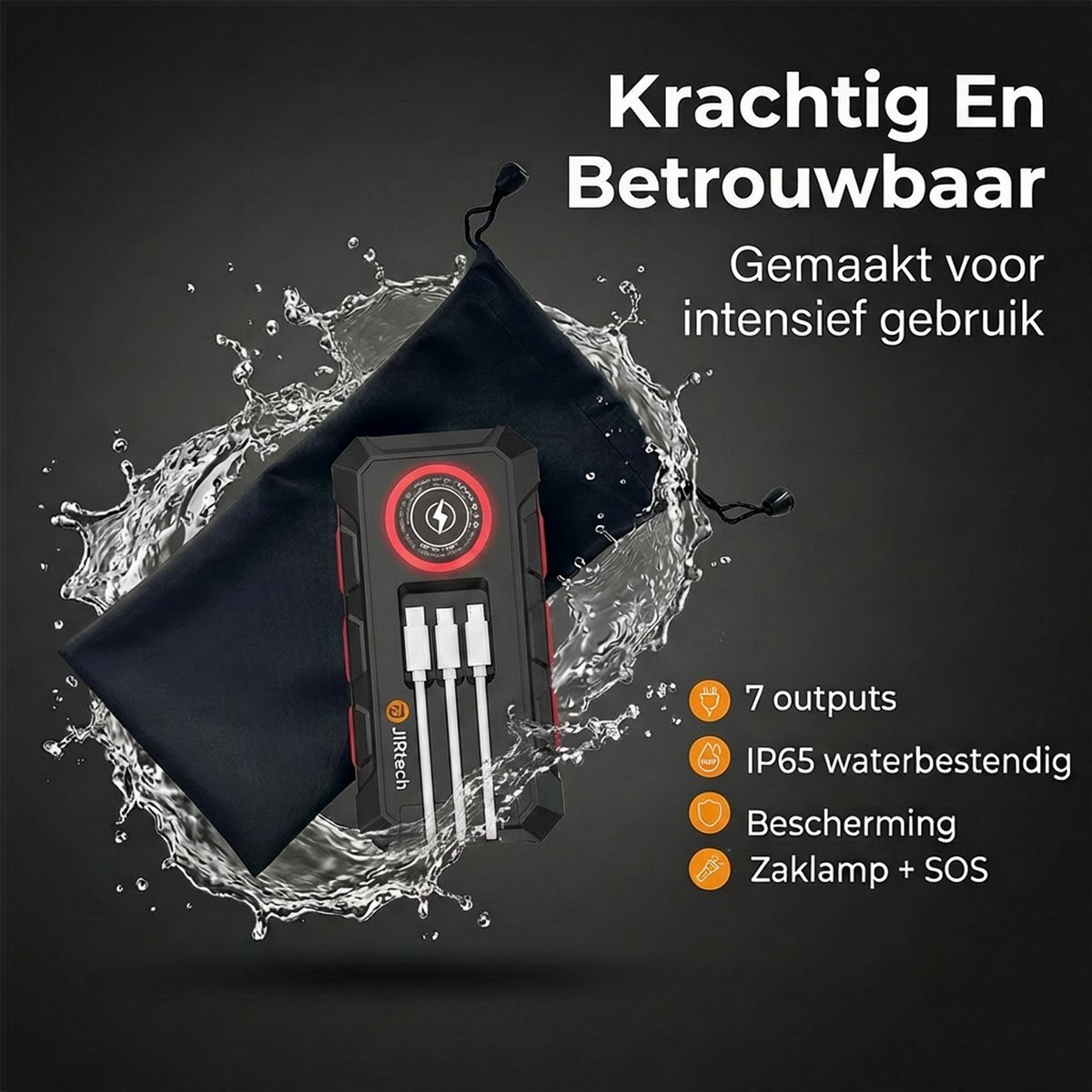 JIR Solar Powerbank 30000 mAh Rood met Ingebouwde Kabels - afbeelding 2