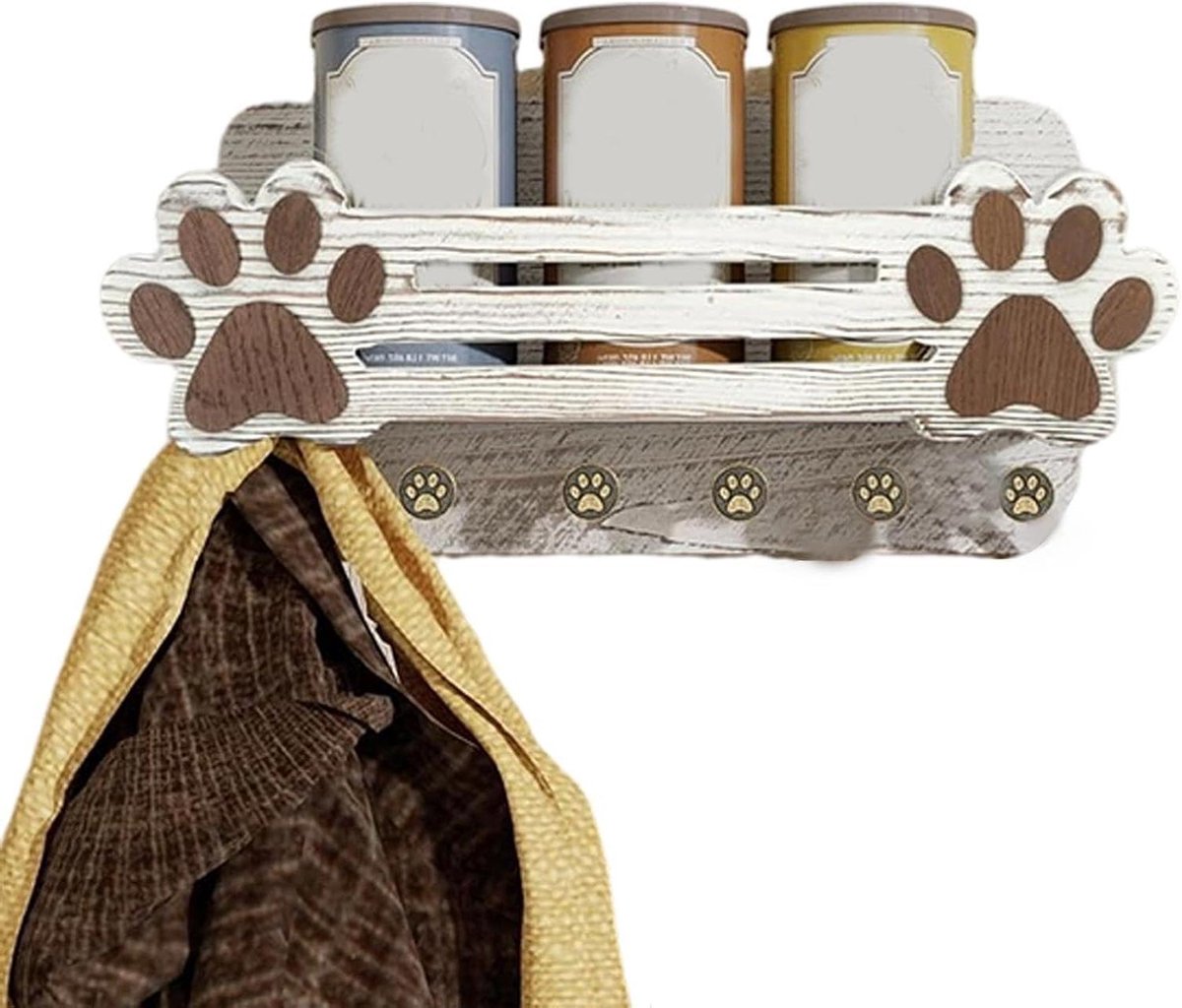 Hondenriemhouder Wandmontage - Huisdier Accessoire Organizer - Huisdierbenodigdheden Opbergen - Rustiek Houten Ontwerp - 356 x 249 cm - Wit