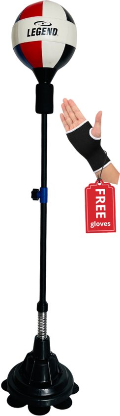 Opblaasbare boksbal met 'LEGEND'-logo op een verstelbare standaard. Rode, witte en zwarte vlakken. Hand met "FREE gloves" label.