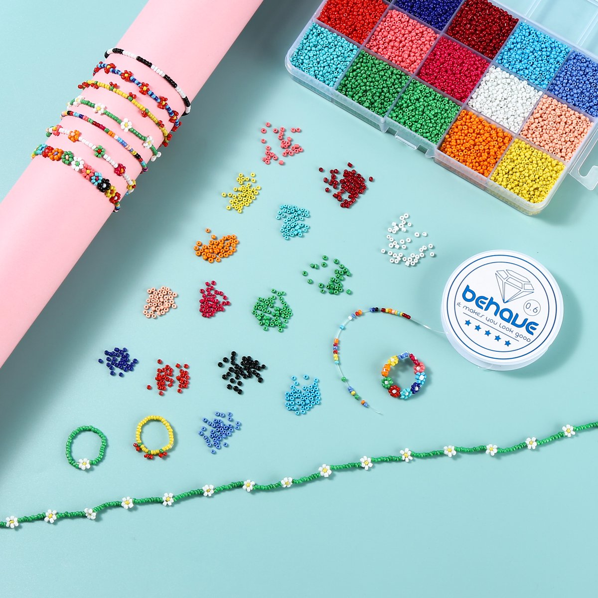 Behave Glaskralen Set 30.000 Stuks — Rocailles 2 mm — 30 Kleuren Pastel & Fel + Rijgdraad — afbeelding 8