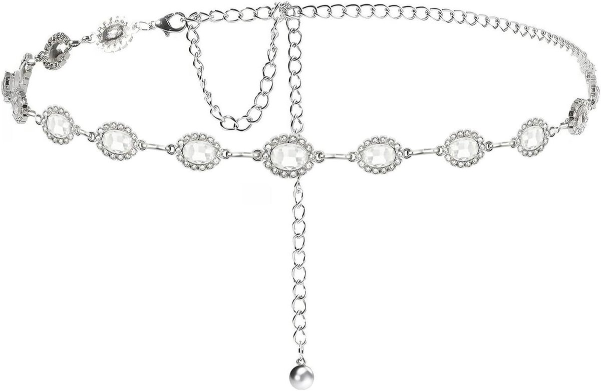 Dames Heupketting - Strass Ketting - Feestelijke Accessoire - Gedetailleerd Ontwerp - 14.7 cm - Zilverkleurig