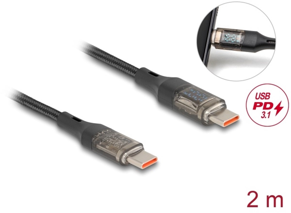 Image of Delock USB 2.0 Data and Fast Charging Cable USB Type-C™ male to male PD 3.0 100 W with power indication transparent 2 m