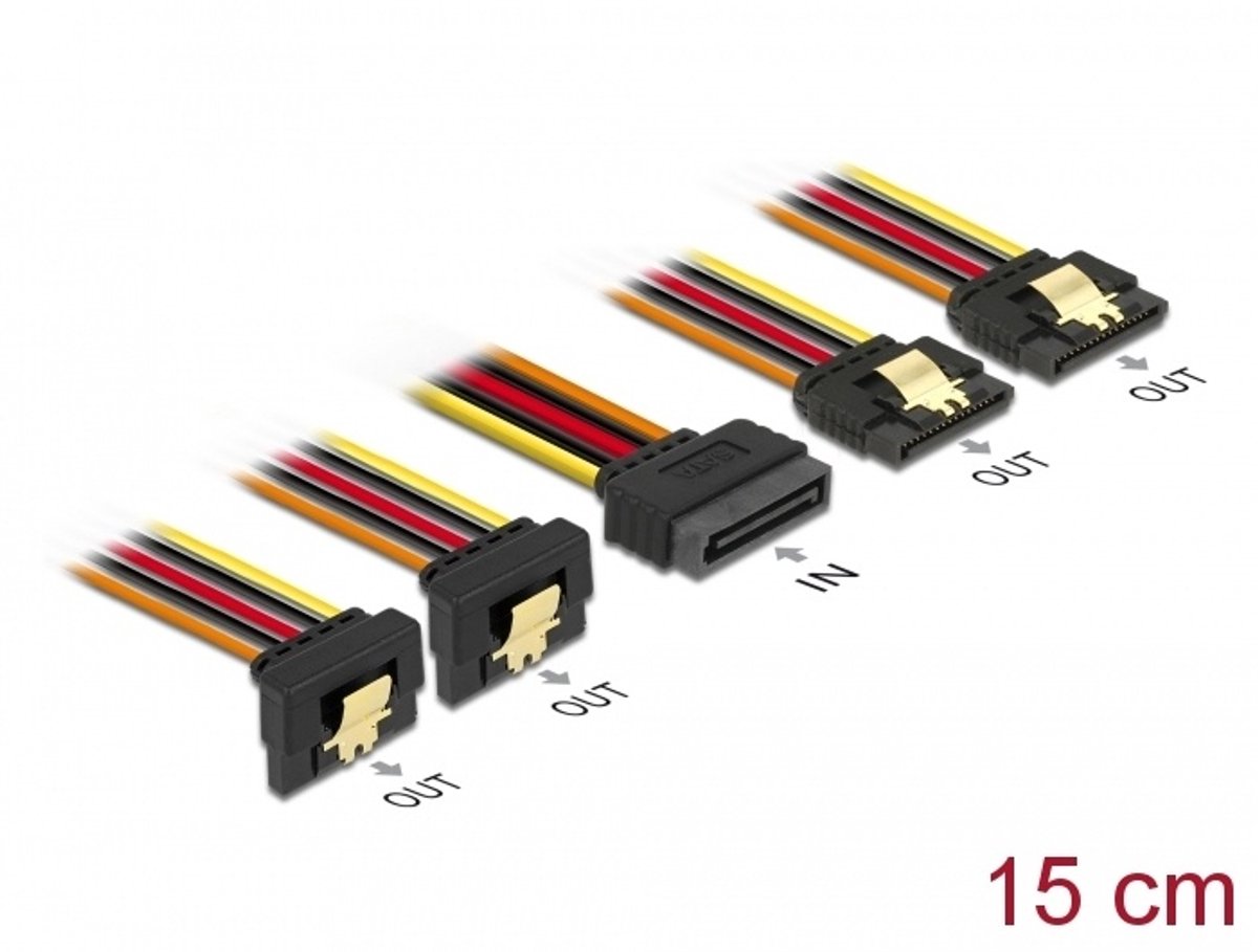 Kabel sata 15 pin Power plug met vergrendelingsfunctie> sata 15 pin stroomoverschouwing 2 x rechte / 2 x omlaag 15 cm