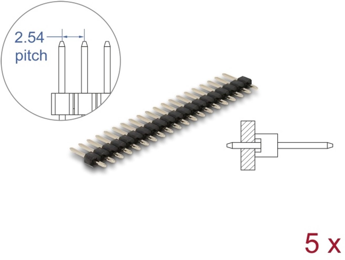 Delock Pin header 20 pin, pitch 2.54 mm, 1-row, straight, 5 pieces