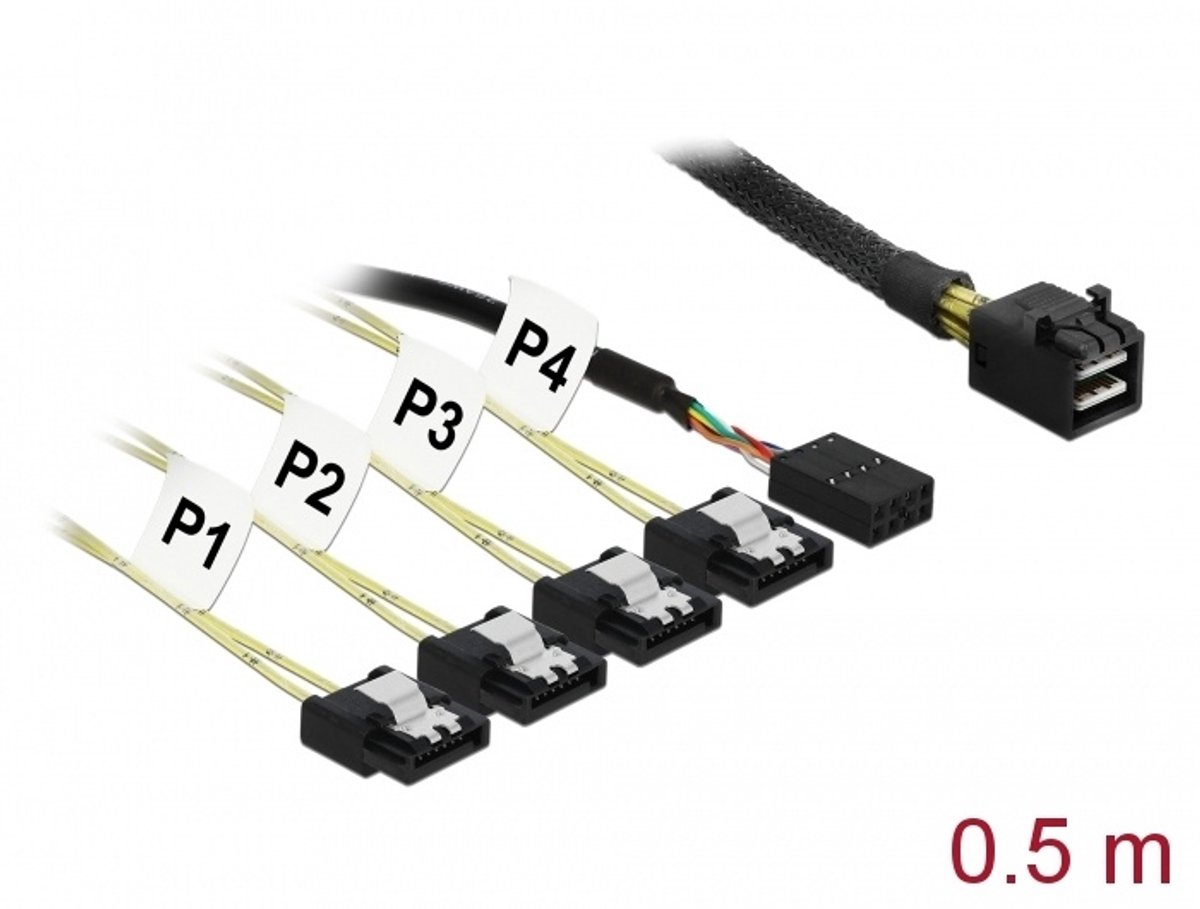 Kabel Mini SAS HD SFF-8643> 4 X SATA 7 PIN ARTERD + zijband 0,5 m
