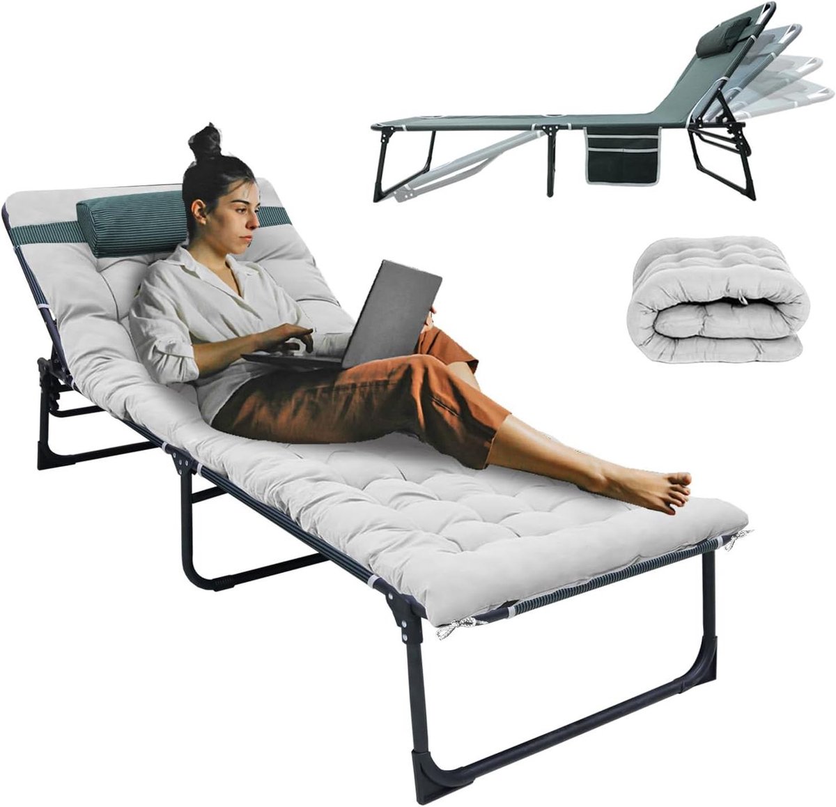 Vouwbaar campingbed - Draagbaar slaapbed - Buiten ontspannen - 5-posities verstelbaar - 75 x 27 inch - Grijs