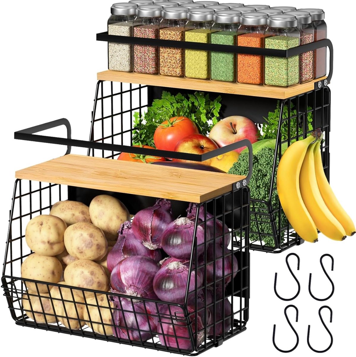 Magnetische Keukenorganizer met Houten Deksel - Set van 2 - Voor Fruit, Aardappelen en Uien - Ruimtebesparende Oplossing voor Koelkast en Keukenopslag