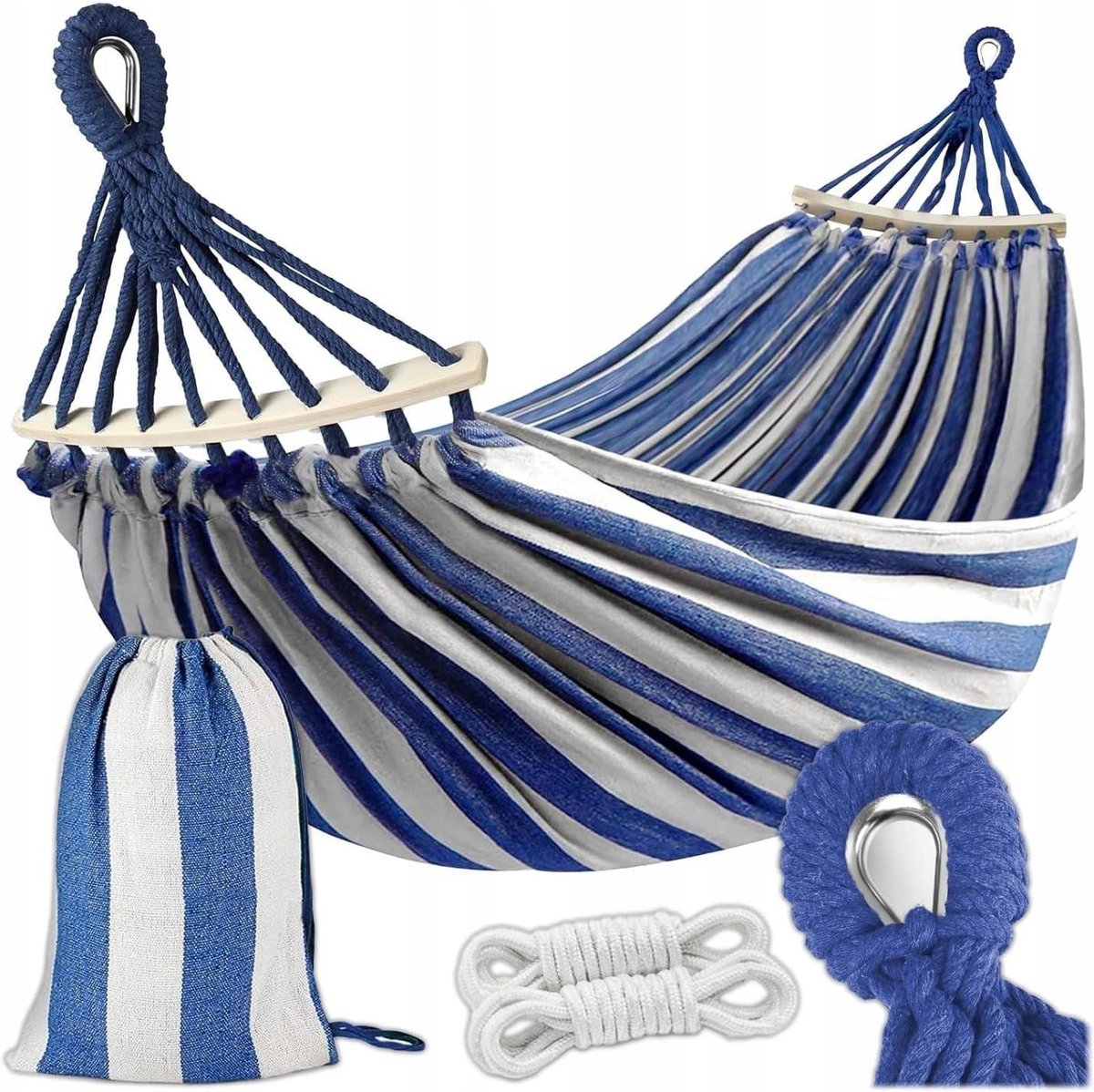 Hangmat - Schommelbed - Ontspannen Buiten - Waterdicht Katoen - 260 cm - Blauw-wit