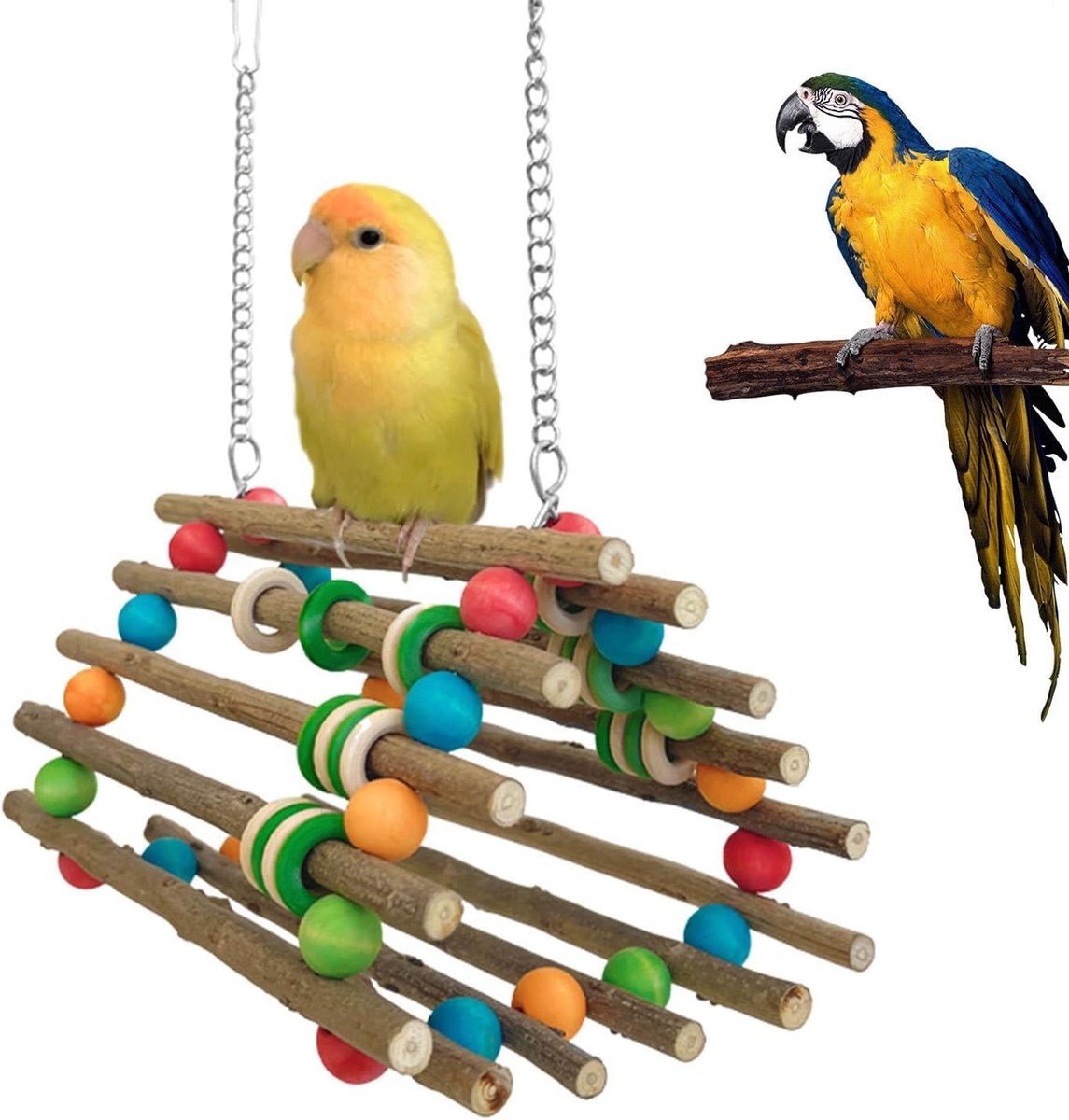 Vogelschommel Klimstok - Houten speelgoed - Vogelkooi verrijking - Snavelvriendelijk ontwerp - 12x24 cm - Multicolor