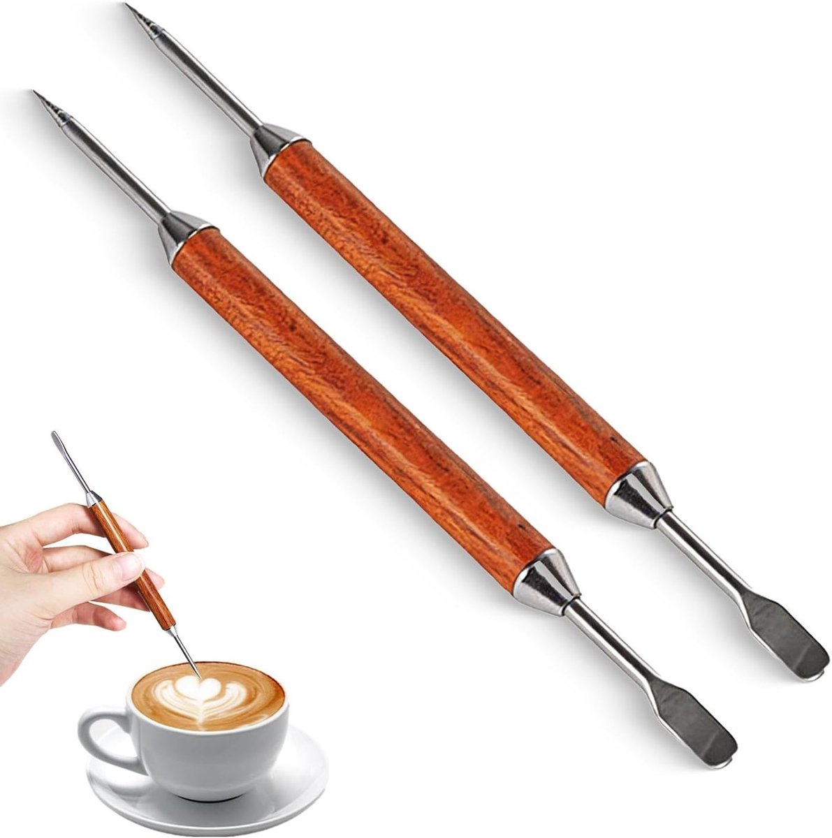 Professionele Latte Art Pen Set van RVS met Zwart Hout - Perfect voor Koffie en Barista Creaties - 2 Stuks