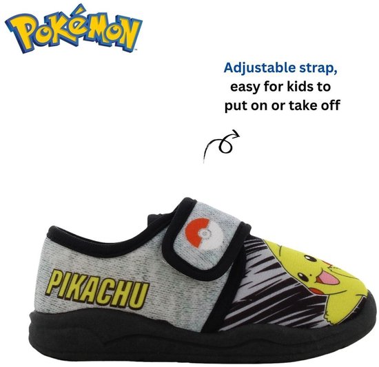 Grijze Pikachu pantoffels met klittenbandsluiting. Makkelijk aan en uit te trekken, met Pikachu op de voorkant.
