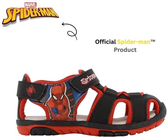 Zwarte en rode Spider-Man sandalen met klittenbandsluiting en afbeelding van Spider-Man.