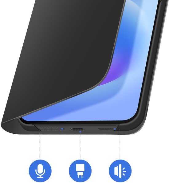 Zwarte Samsung Wallet Cover voor Galaxy A57 (5G) met zichtbare microfoon, USB-C poort en luidsprekeruitsparingen.