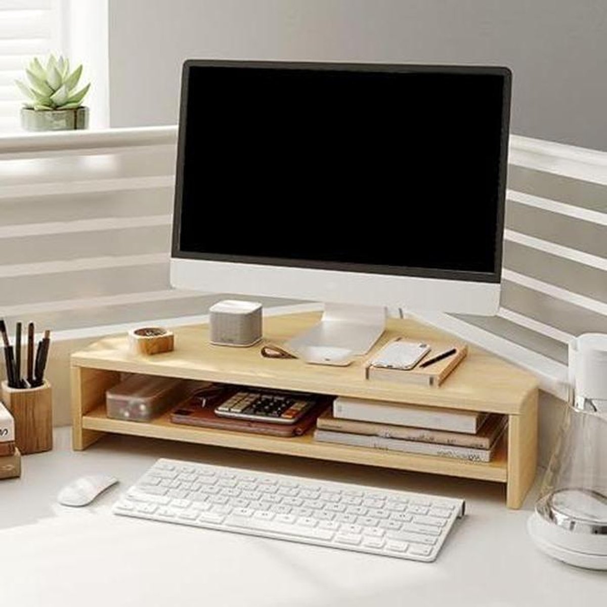 Houten Monitorstandaard - Bureau Organizer - Bureau Opruimen - Ruimtebesparend Hoekontwerp - 13cm Hoog - Bruin