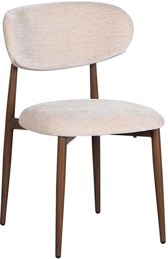 Chaise beige avec un dossier rond et des pieds en bois foncé, vue de face.