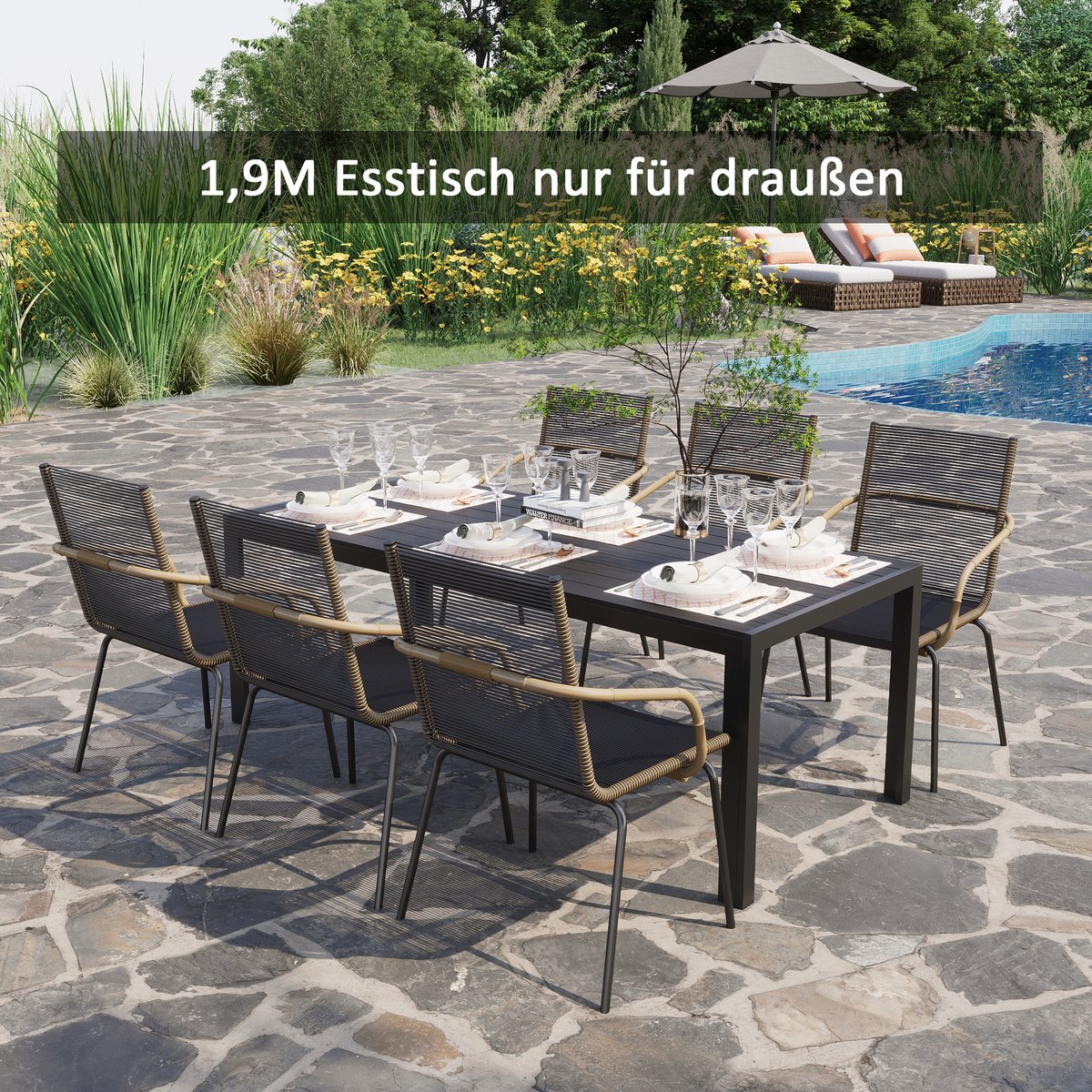 MODENUIT Tuintafel 190 x 84,5 x 72 cm - Weerbestendig Met Lattenblad - Voor Tuin En Balkon - Aluminium Zwart
