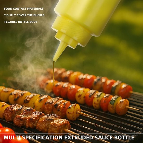 Set van 6 - Specerijenflessen - Sausflessen - Knijpflessen - Kruidenflessen voor keuken en catering - Met draaibare dop - BPA-vrij plastic - Lekvrij - Geschikt voor mosterd, siropen, sauzen, saladedressings, oliën en ketchup - 250 ml - Geel — afbeelding 3