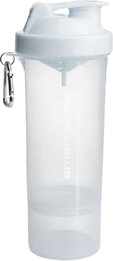 Transparante SmartShake beker met witte dop en carabijnhaak. "smartshake" logo verticaal.