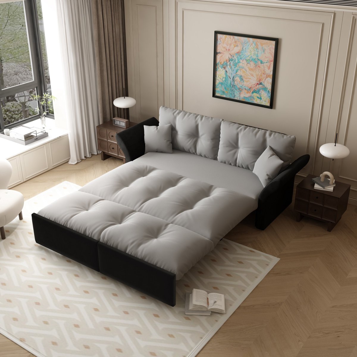 3-In-1 Slaapbank 2-Persoons - Velours Sofa Bed 190 cm - Uitschuifbare Slaapstoel Met Kussens - Lichtgrijs