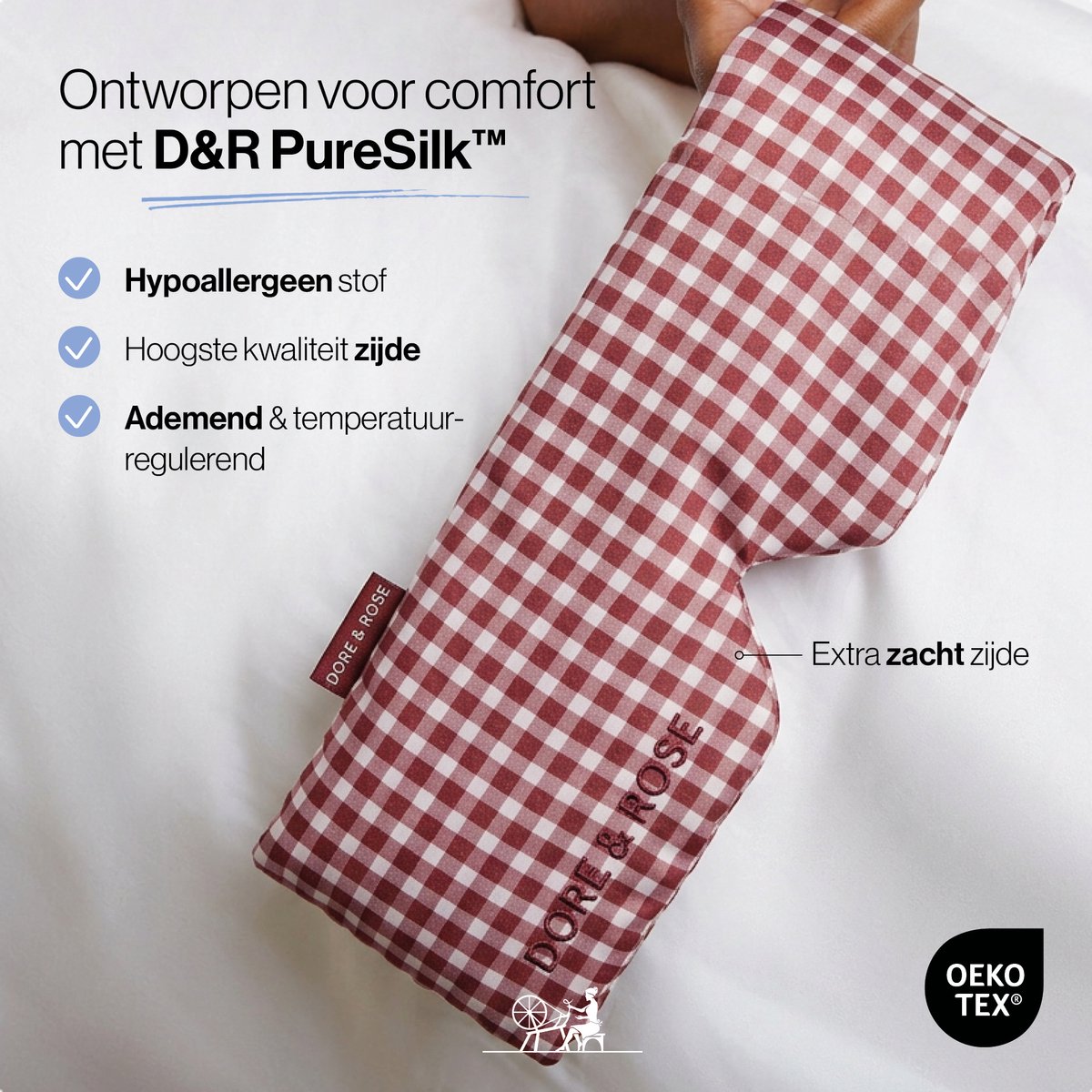 Dore & Rose - Slaapmasker - Oogmasker - Zijden Slaapmasker Voor Mannen en Vrouwen - Deep Sleep Mask - Eye Mask - Verduisterend - Wallen - Rood - Nº 47 Bordeaux Héritage Plaid — afbeelding 6