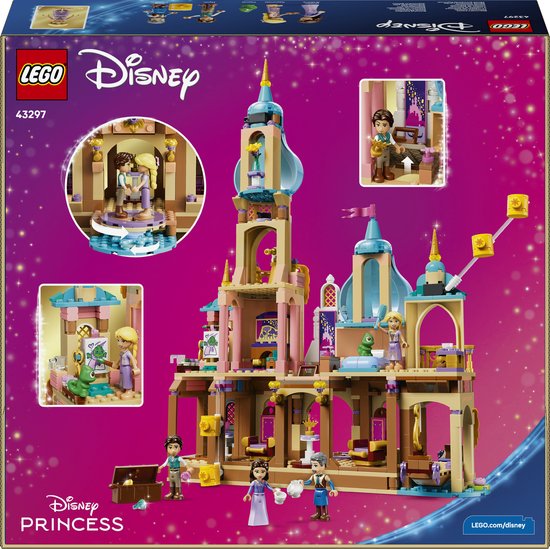 Doos van LEGO Disney Rapunzel's Kasteel (43297) met afbeelding van het kasteel en prinses Rapunzel.