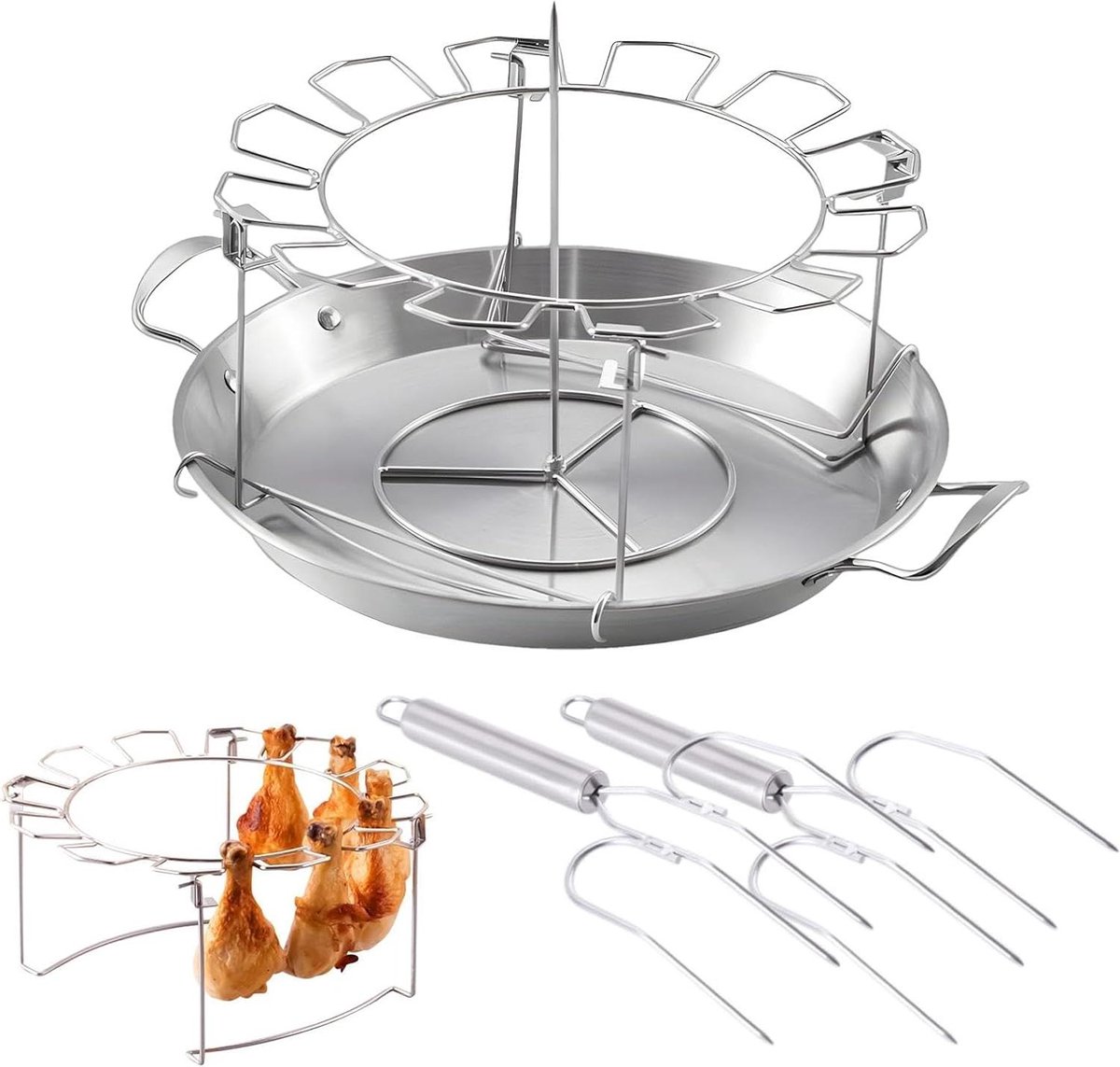 Kippendijenrek BBQ - Kippenpoot houder - Buiten koken - 12 sleuven - 33.5 x 23.5 cm - Zilver