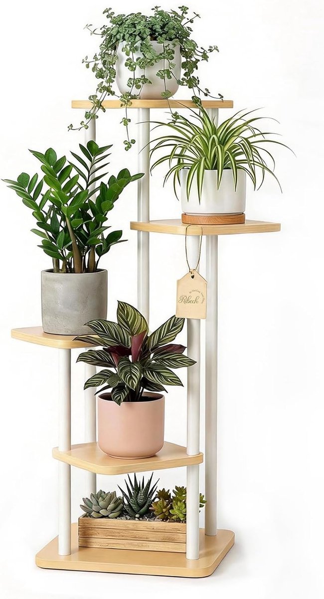Famanu – Plantenstandaard voor binnen met 5 etages, metalen bloemenrek voor balkon en woonkamer, wit